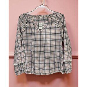 J.Crew Plaid Long-Sleeve Blouse With Ruffle Details Size M Cotton Blend Womens C